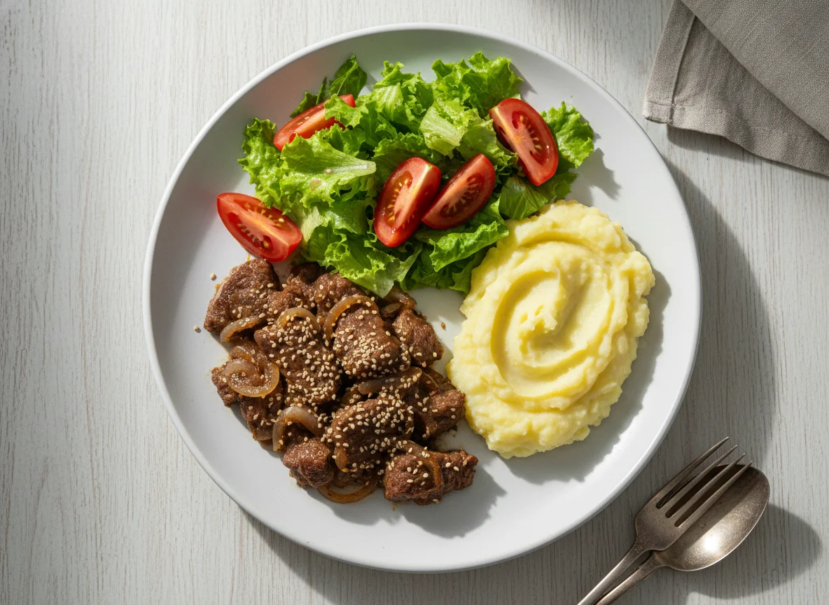 Refeição com carne, salada e purê de batata photo