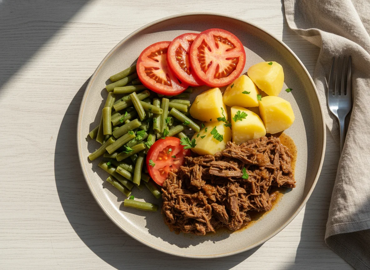 Refeição com carne, vagem e tomate photo
