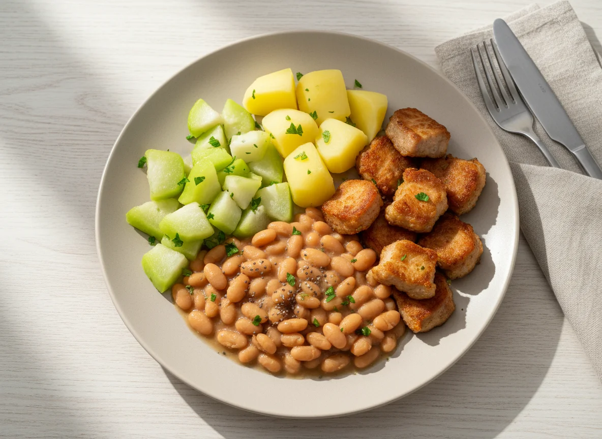 Refeição com chuchu, feijão, batata e carne de porco photo