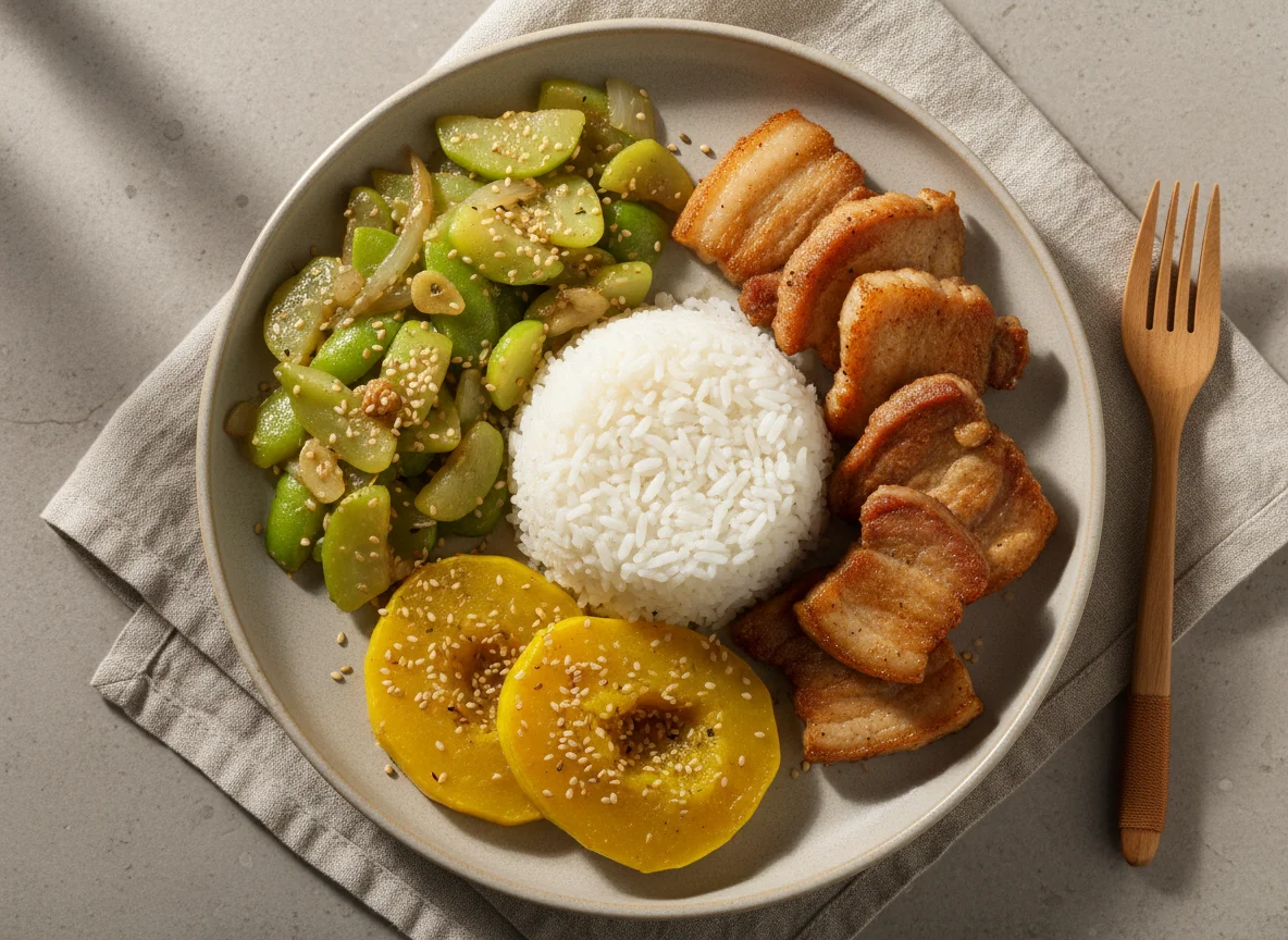 Refeição com chuchu refogado e carne photo