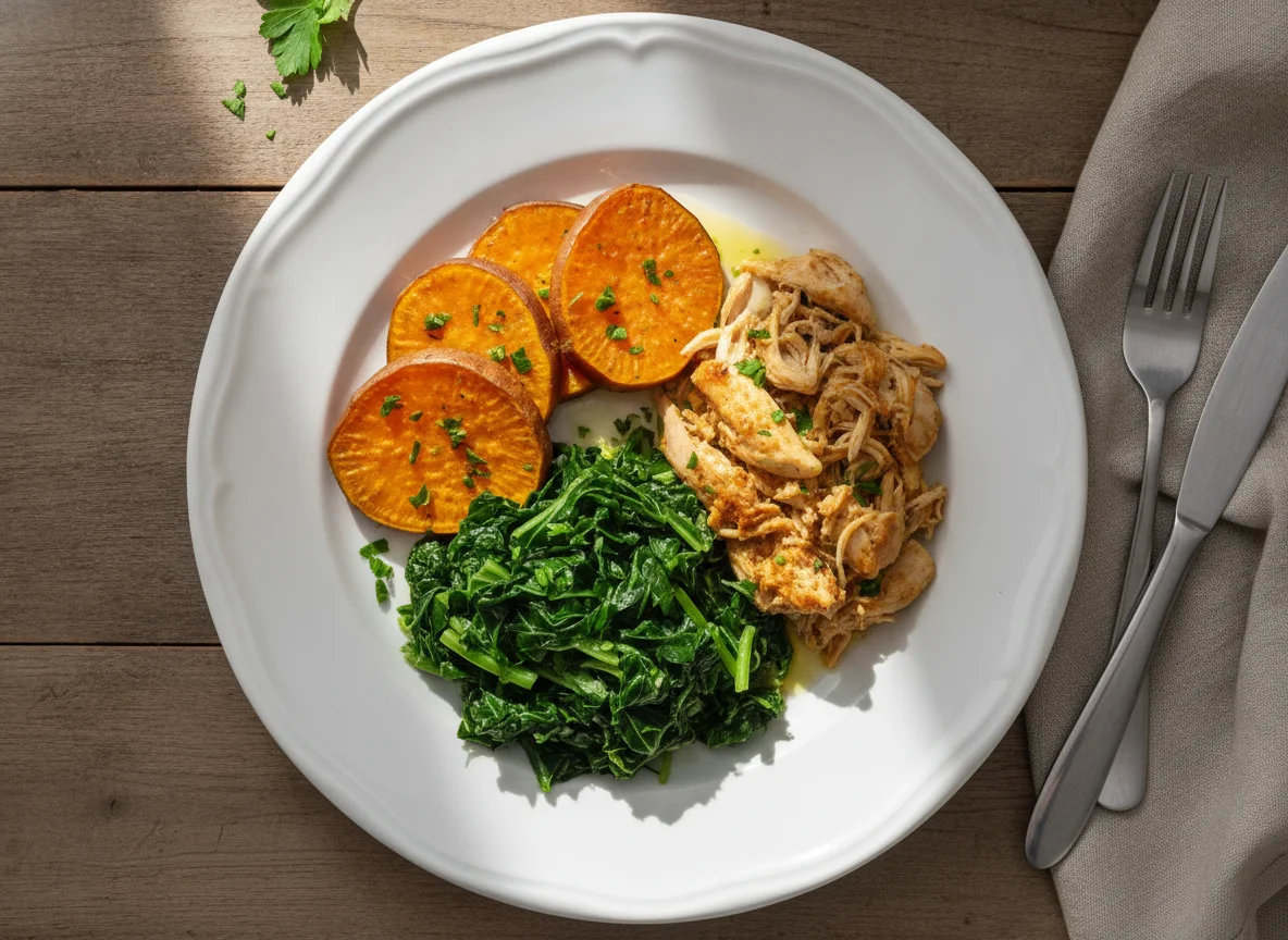 Refeição com Couve, Batata Doce e Frango photo