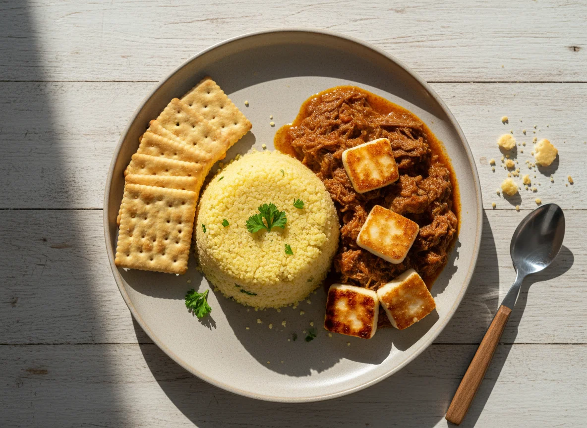 Refeição com cuscuz, carne e biscoitos photo
