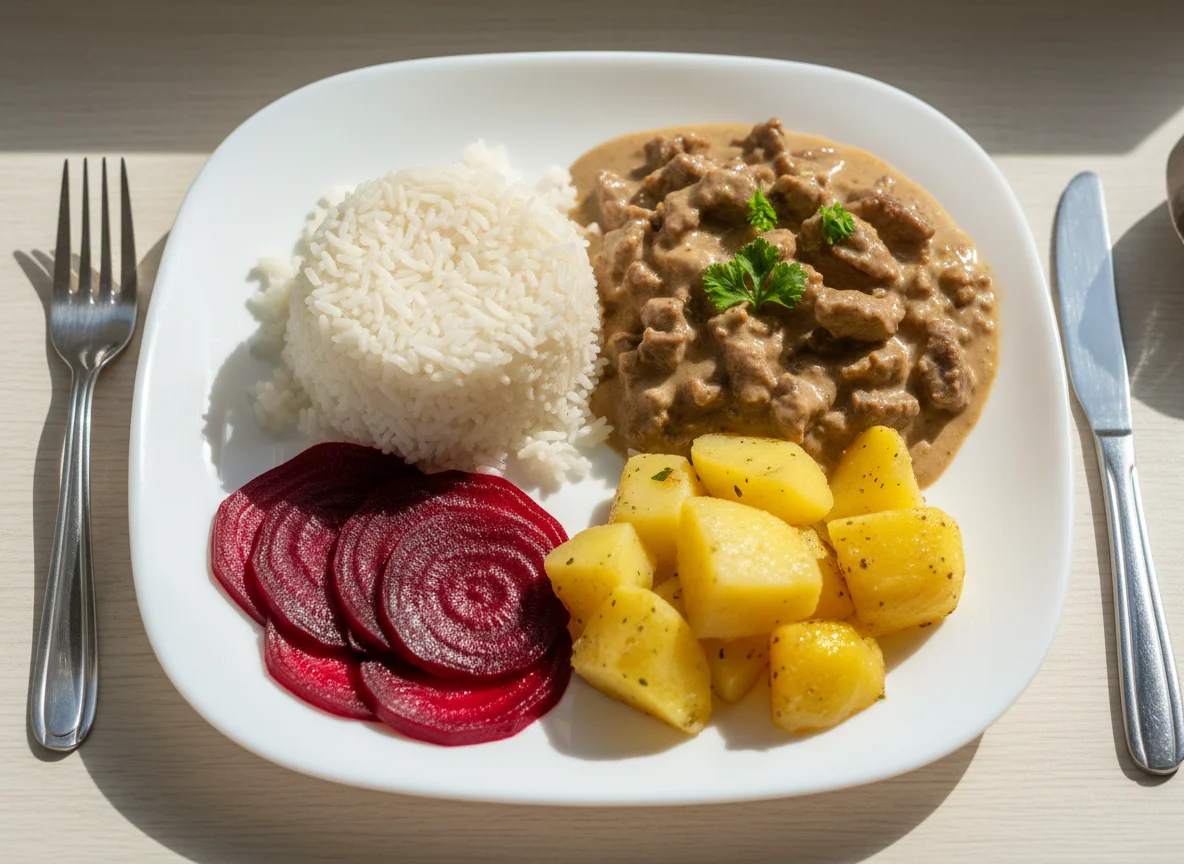 Refeição com estrogonofe, arroz, beterraba e batata photo