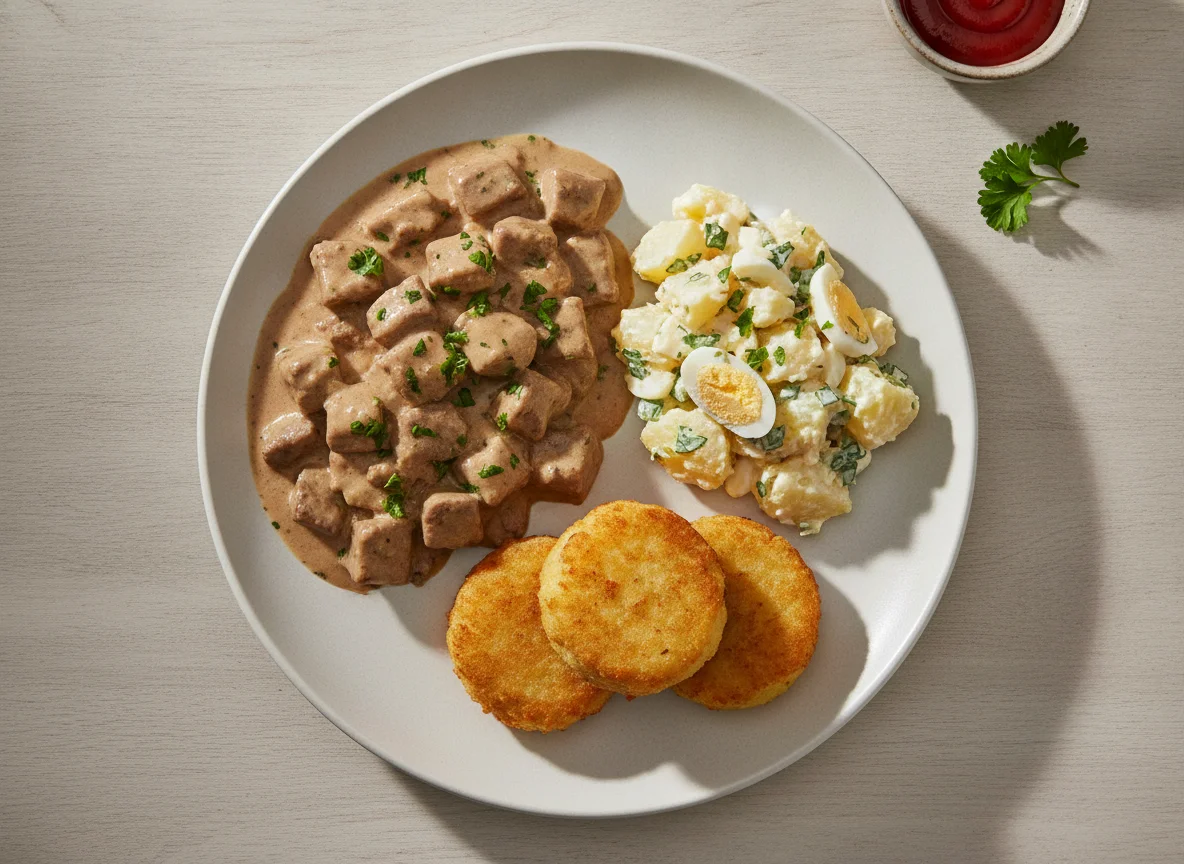 Refeição com estrogonofe, batata e bolinho photo