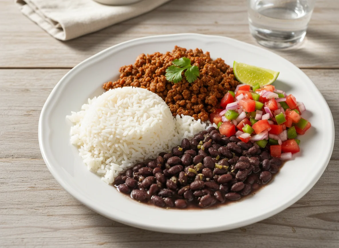 Refeição com feijão, carne moída e vinagrete photo