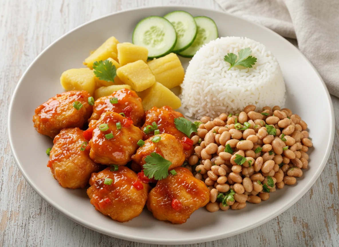 Refeição com frango agridoce, inhame, feijão fradinho, arroz e pepino photo