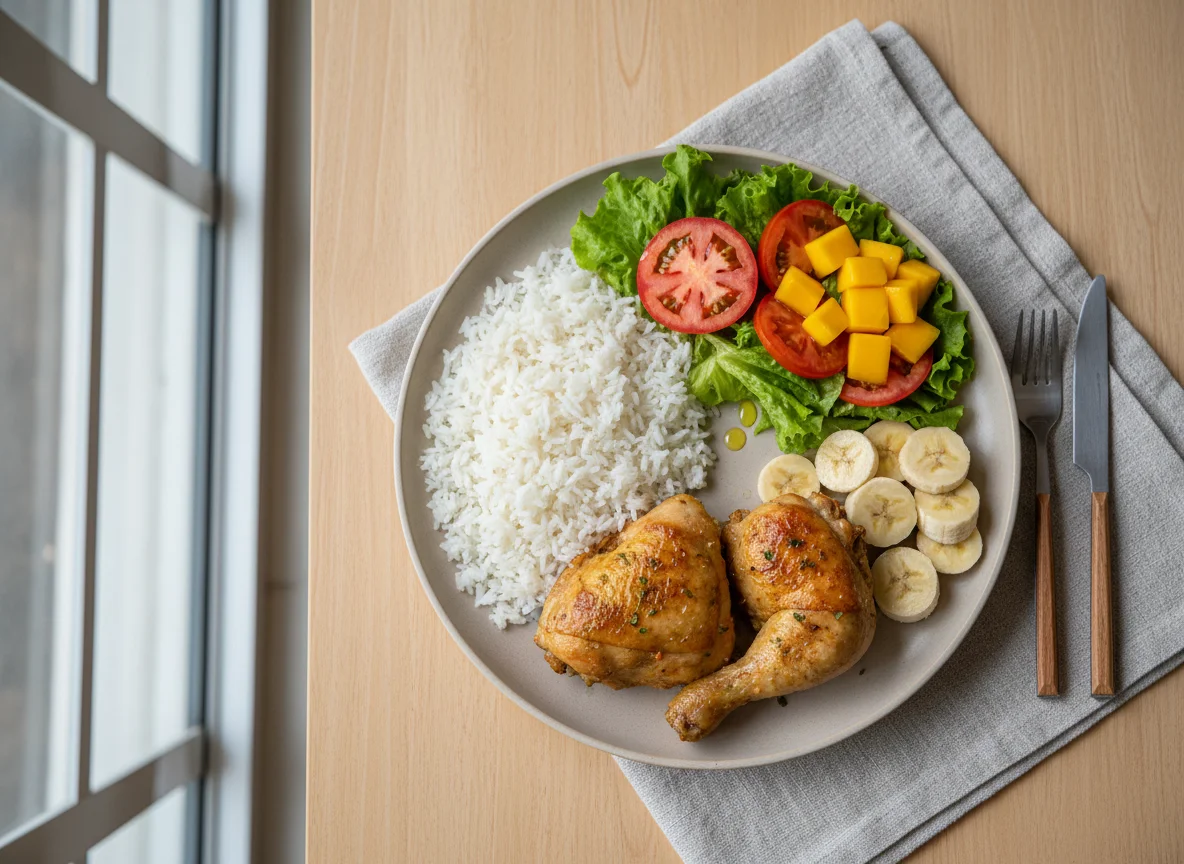 Refeição com frango, arroz, banana e salada photo