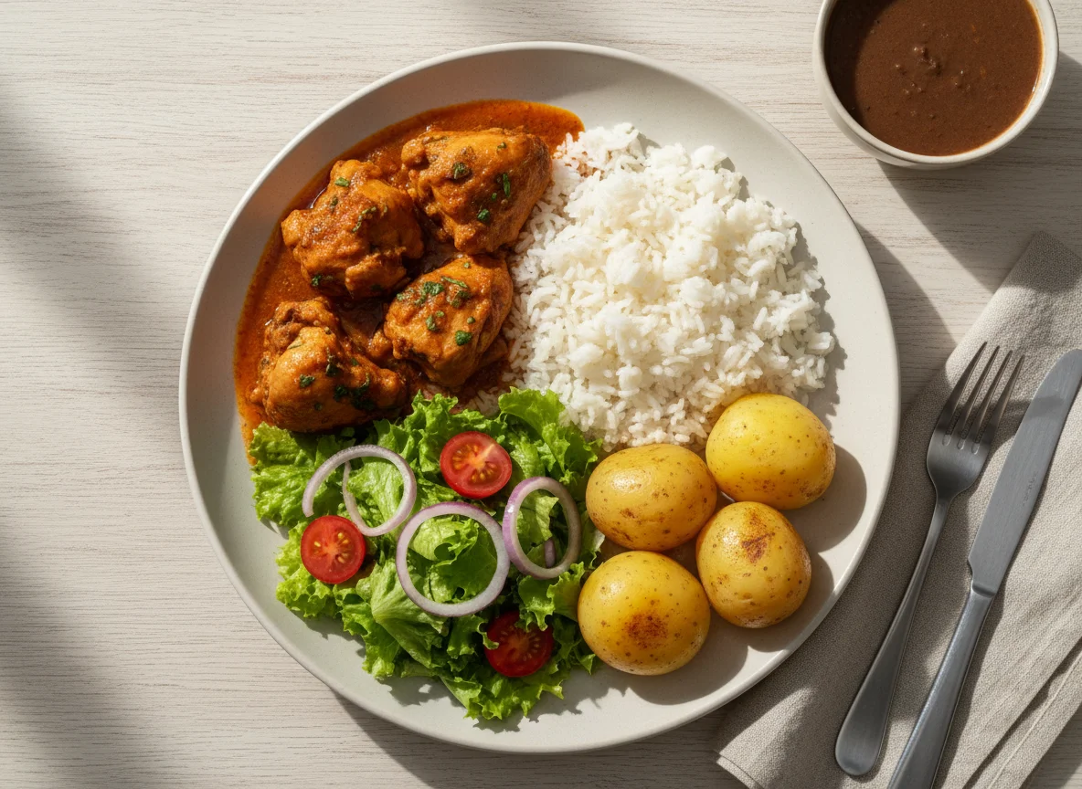 Refeição com frango, arroz, batatas e salada photo