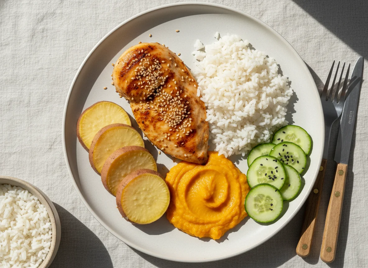 Refeição com frango, arroz e acompanhamentos photo
