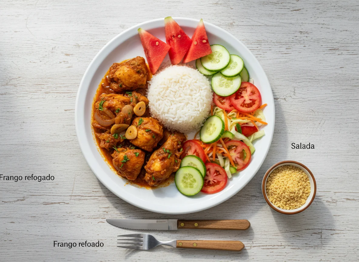 Refeição com frango, arroz e salada photo