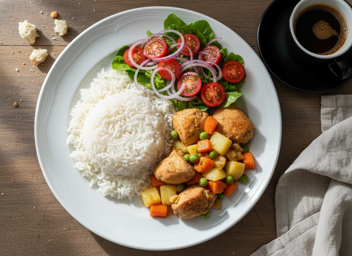 Refeição com frango, arroz e salada de tomate photo