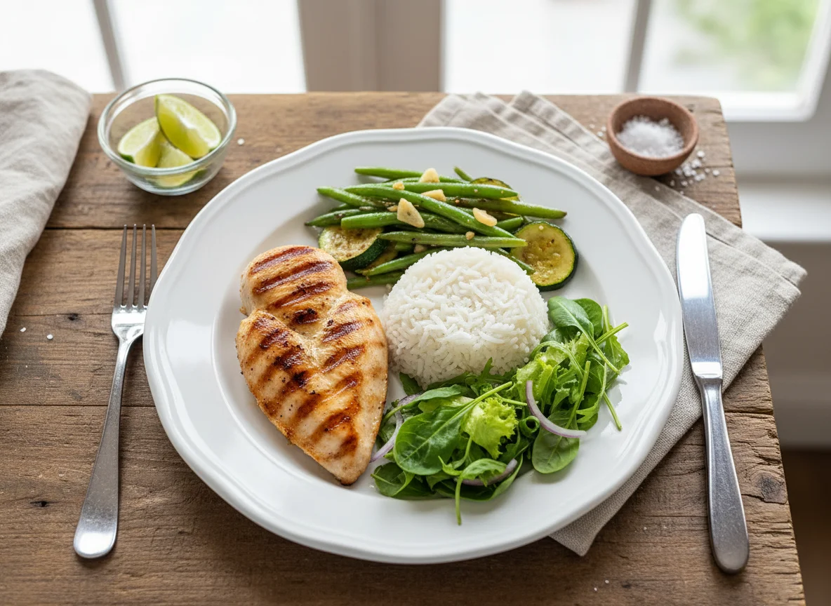Refeição com frango, arroz e vegetais photo
