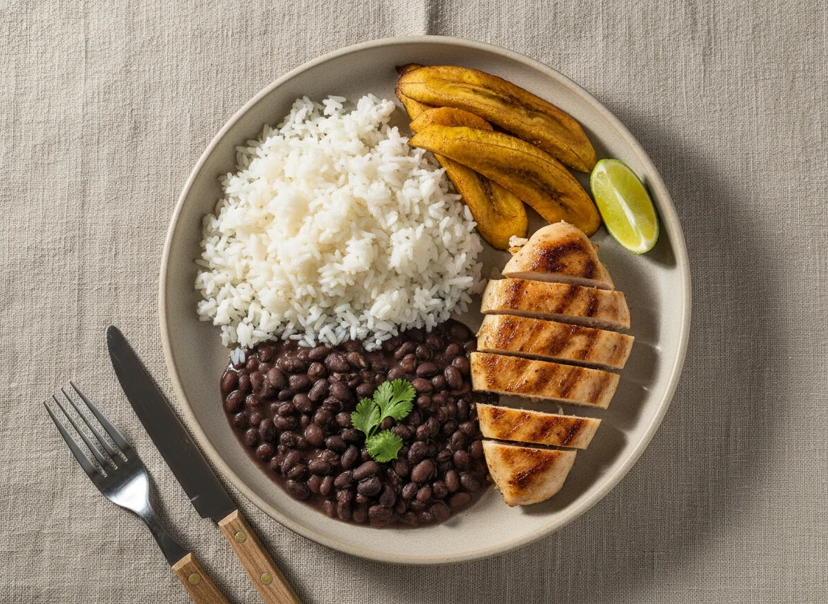 Refeição com frango, arroz, feijão e banana photo