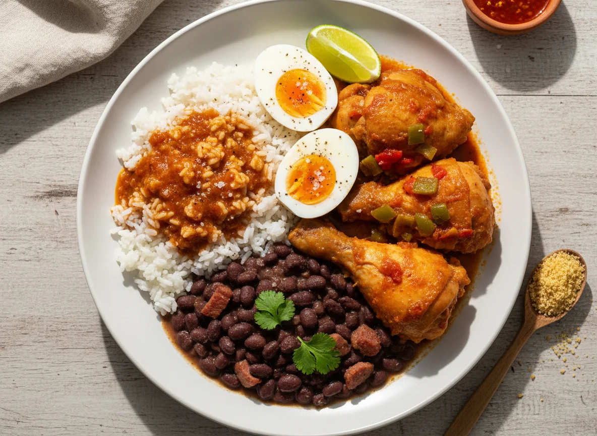 Refeição com frango, arroz, feijão e ovos photo