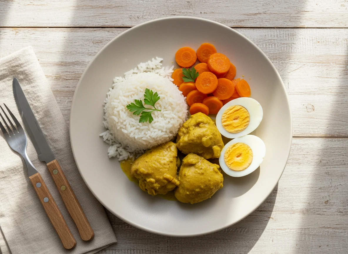 Refeição com frango, arroz, ovos e cenoura photo