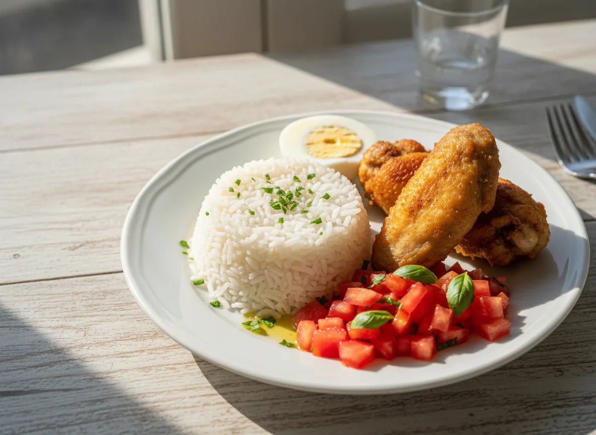 Refeição com frango, arroz, ovos e salada de tomate photo