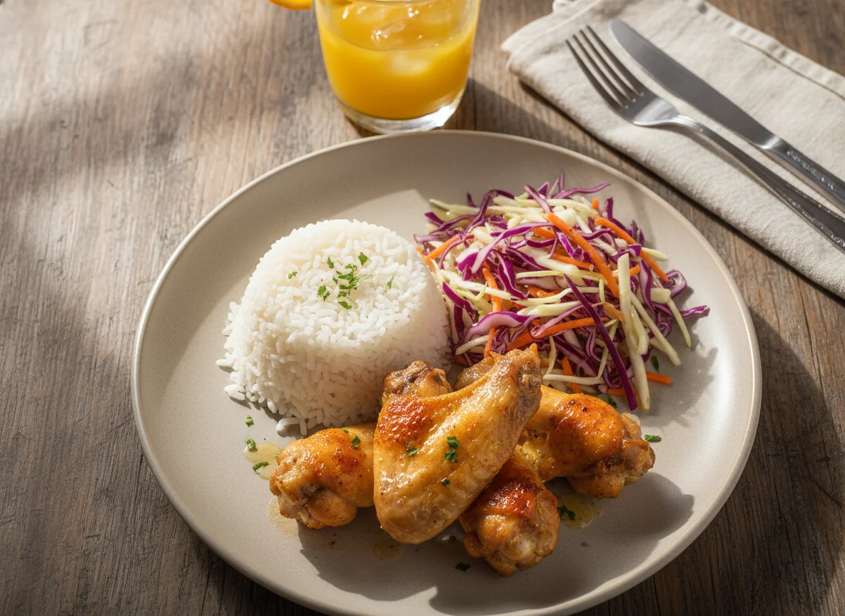 Refeição com frango, arroz, salada e suco photo