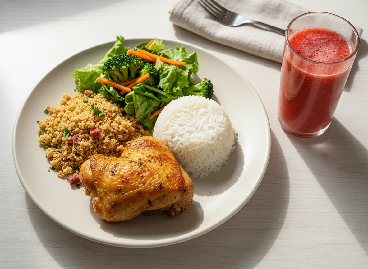 Refeição com frango assado, arroz, farofa, salada e suco de morango photo