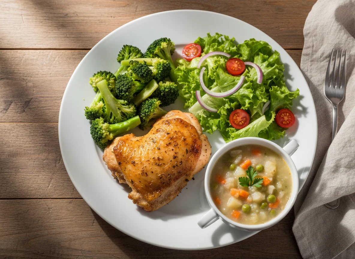 Refeição com frango assado, brócolis, salada e sopa photo