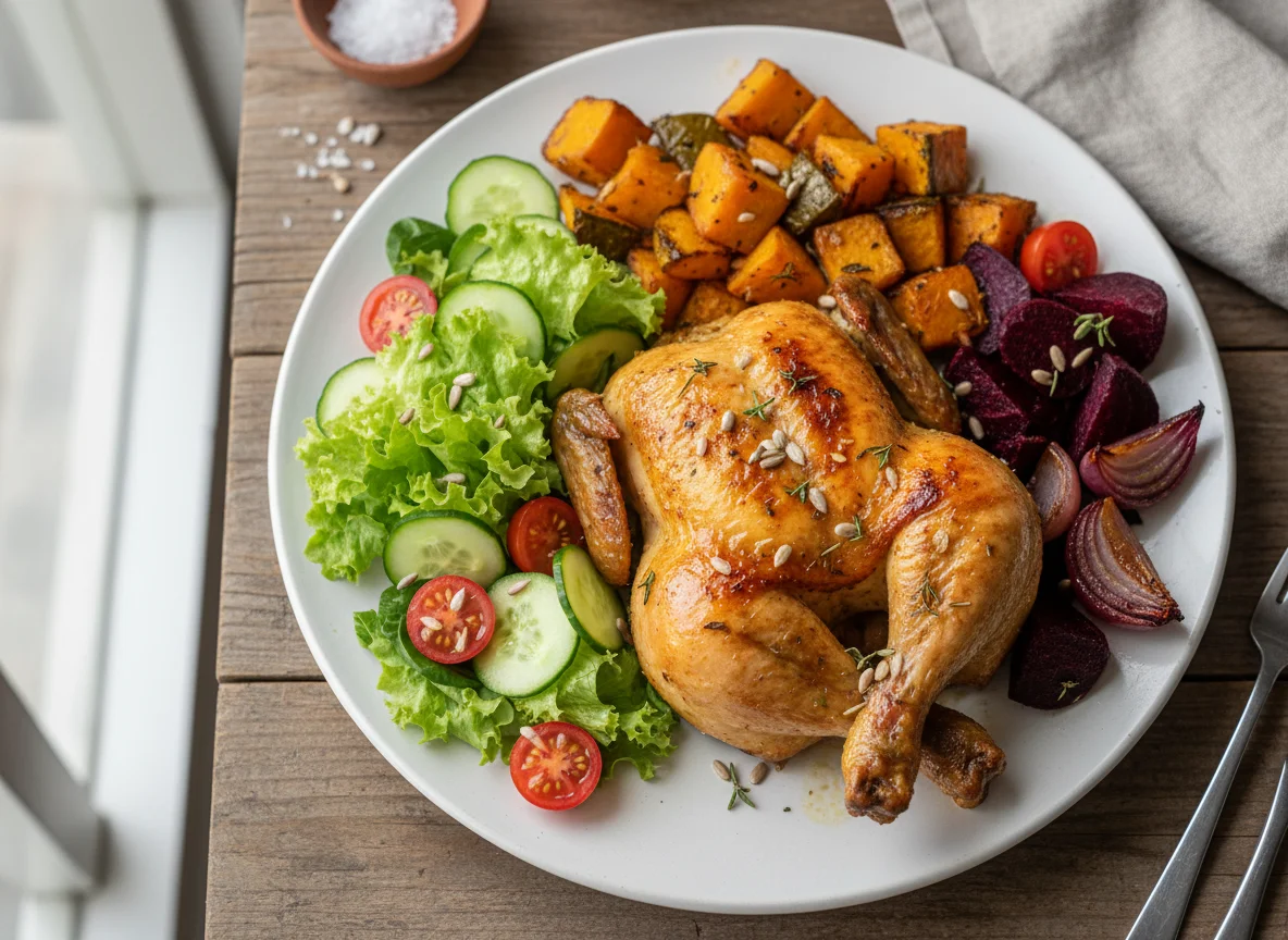 Refeição com frango assado, legumes e salada photo