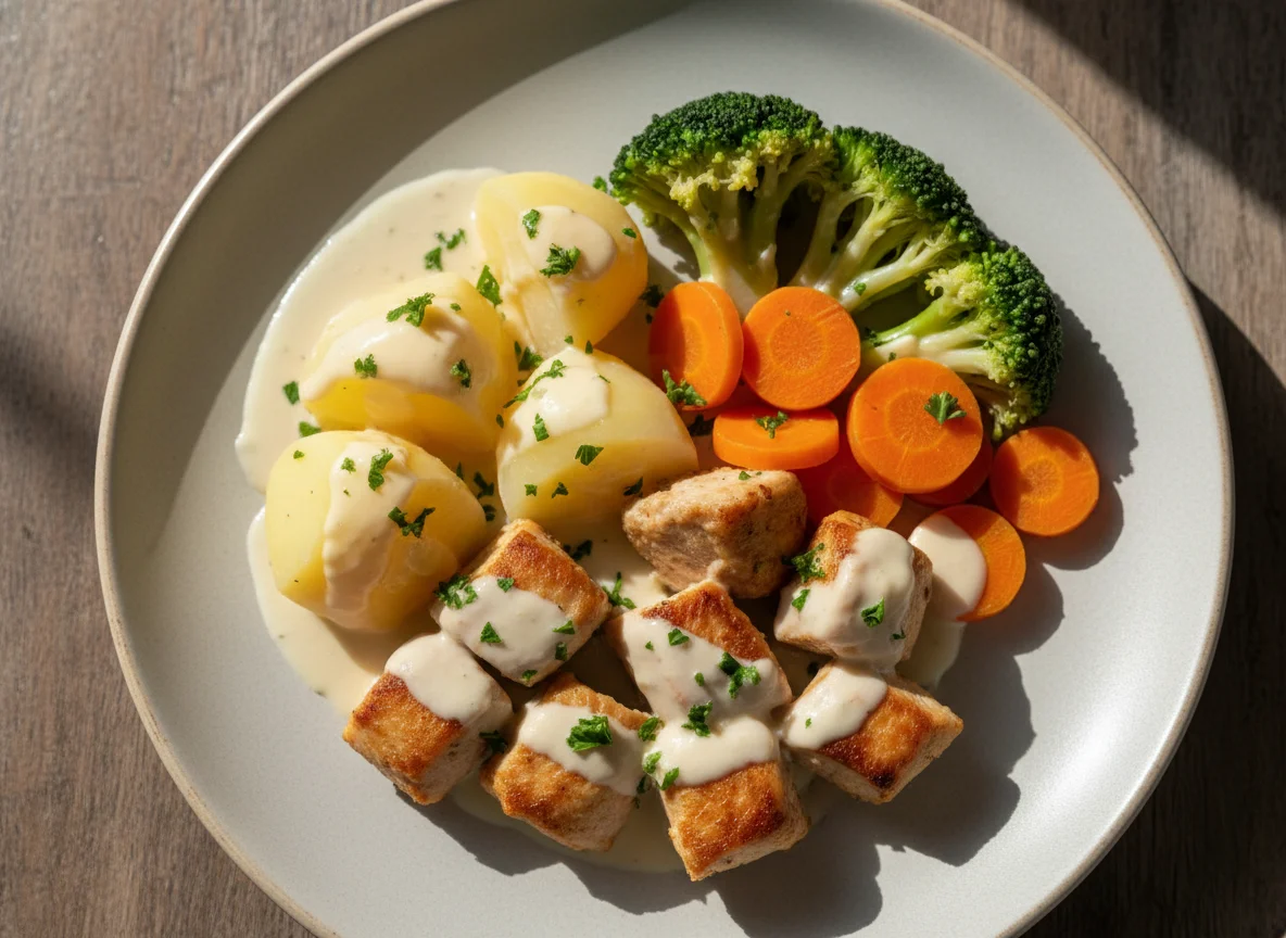 Refeição com frango, batata, brócolis e cenoura photo
