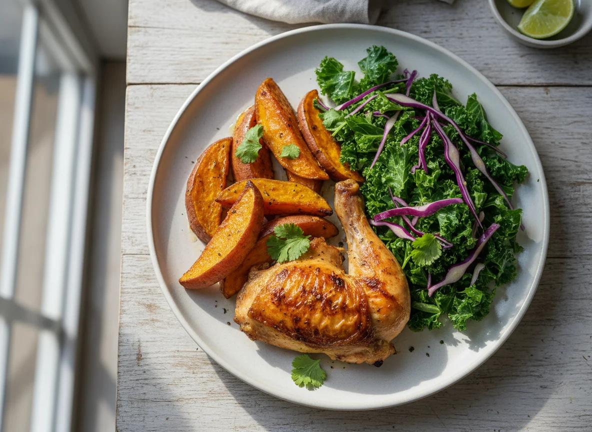 Refeição com frango, batata doce, banana e salada photo