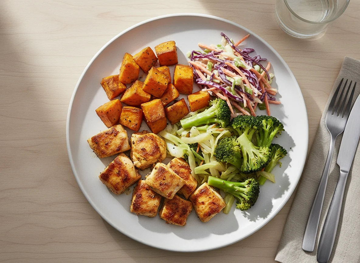 Refeição com frango, batata doce e vegetais photo