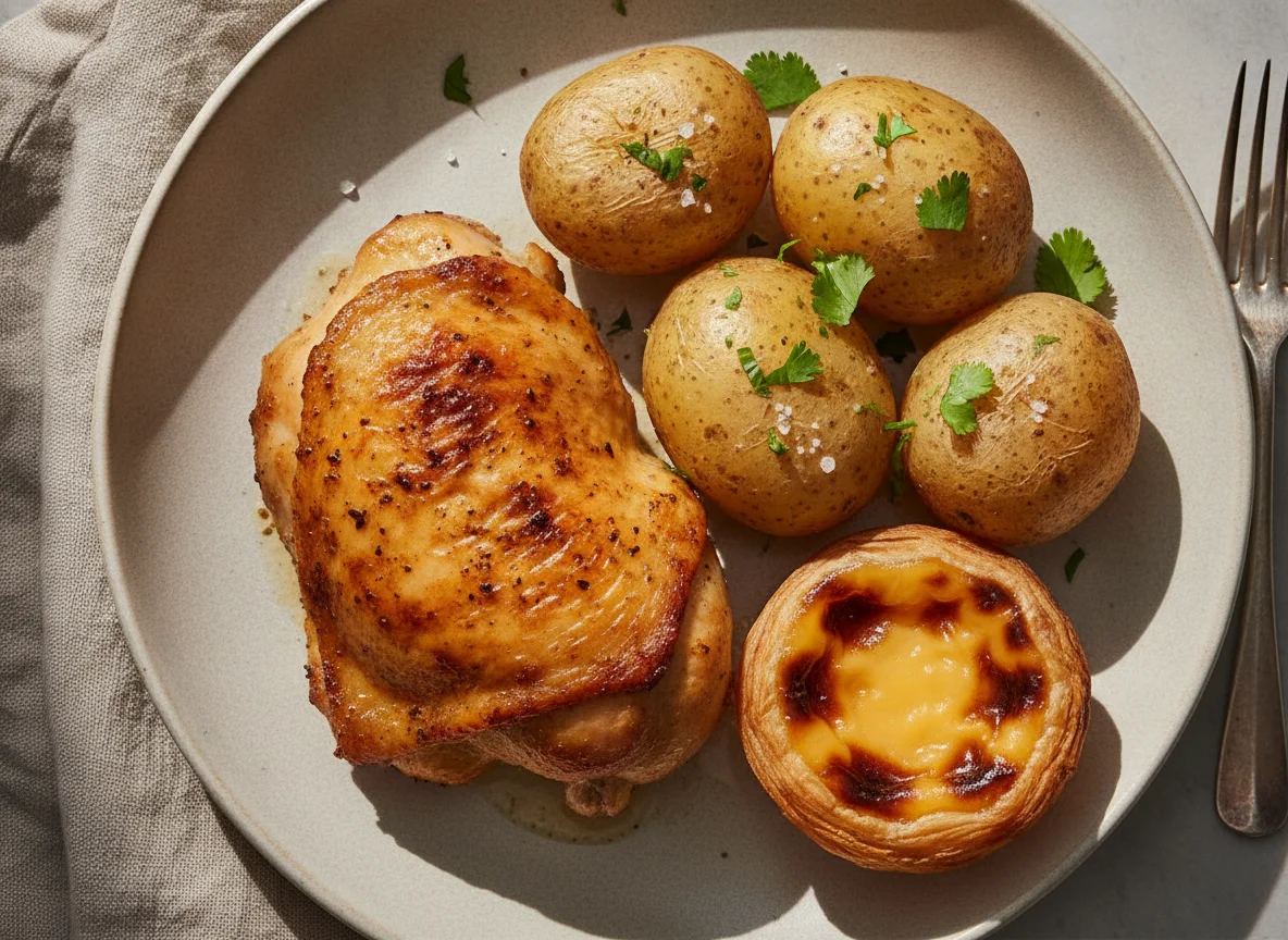 Refeição com frango, batatas e pastel de nata photo