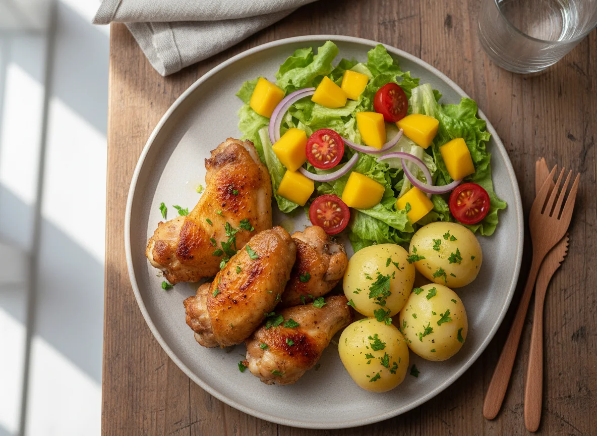 Refeição com frango, batatas e salada de manga photo