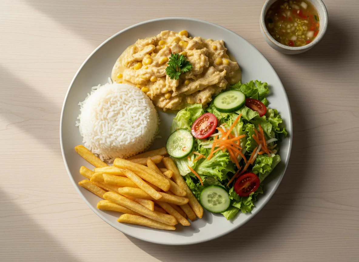 Refeição com frango cremoso, arroz, batata frita e salada photo
