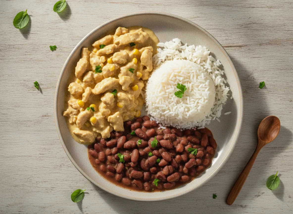 Refeição com frango cremoso, arroz e feijão photo