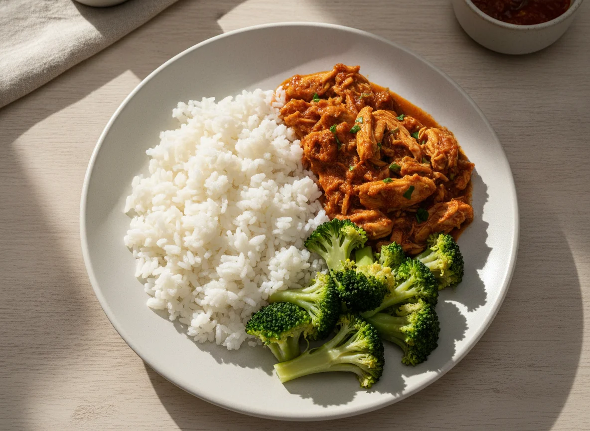 Refeição com frango desfiado, arroz e brócolis photo