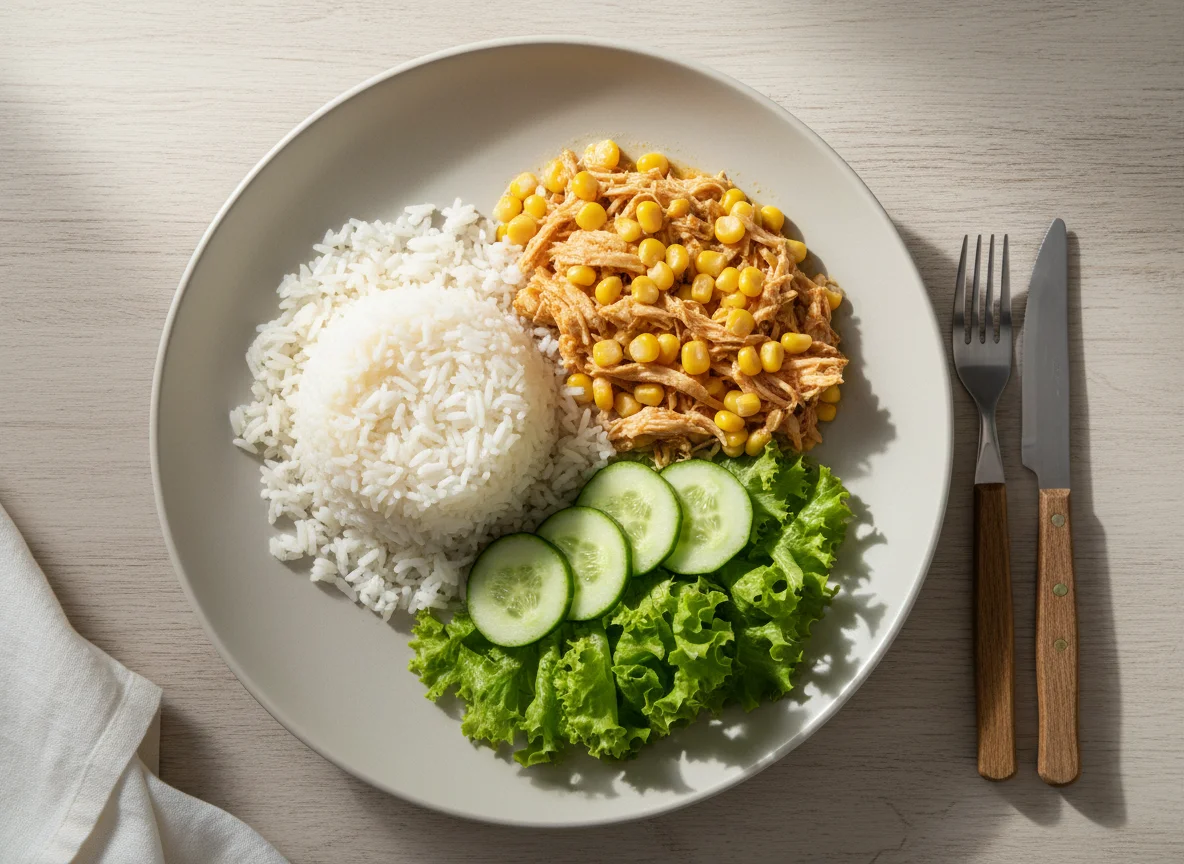 Refeição com frango desfiado, arroz e salada photo