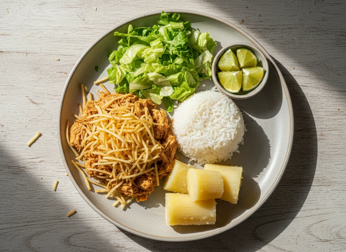 Refeição com frango desfiado, arroz, salada e mandioca photo