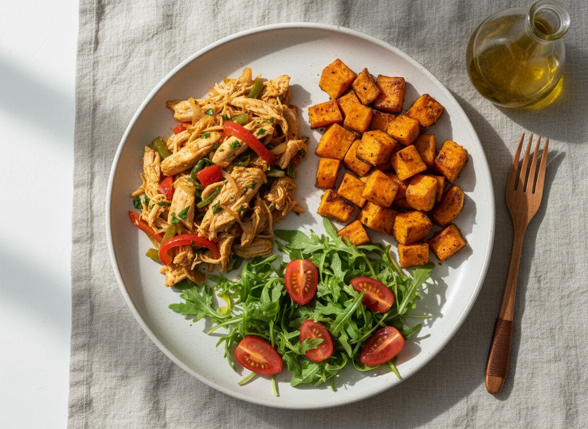 Refeição com frango desfiado, batata doce e salada photo