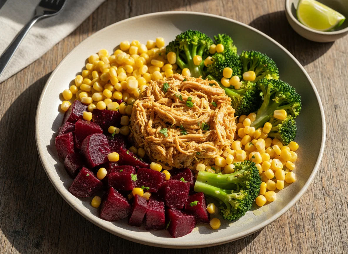 Refeição com frango desfiado, beterraba e brócolis photo