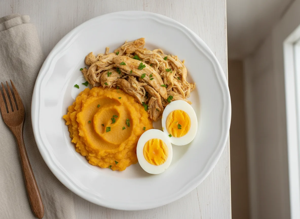 Refeição com frango desfiado, ovos e abóbora photo