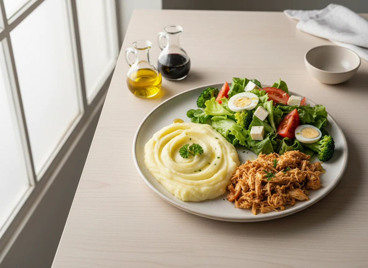 Refeição com frango desfiado, purê de batata e salada photo