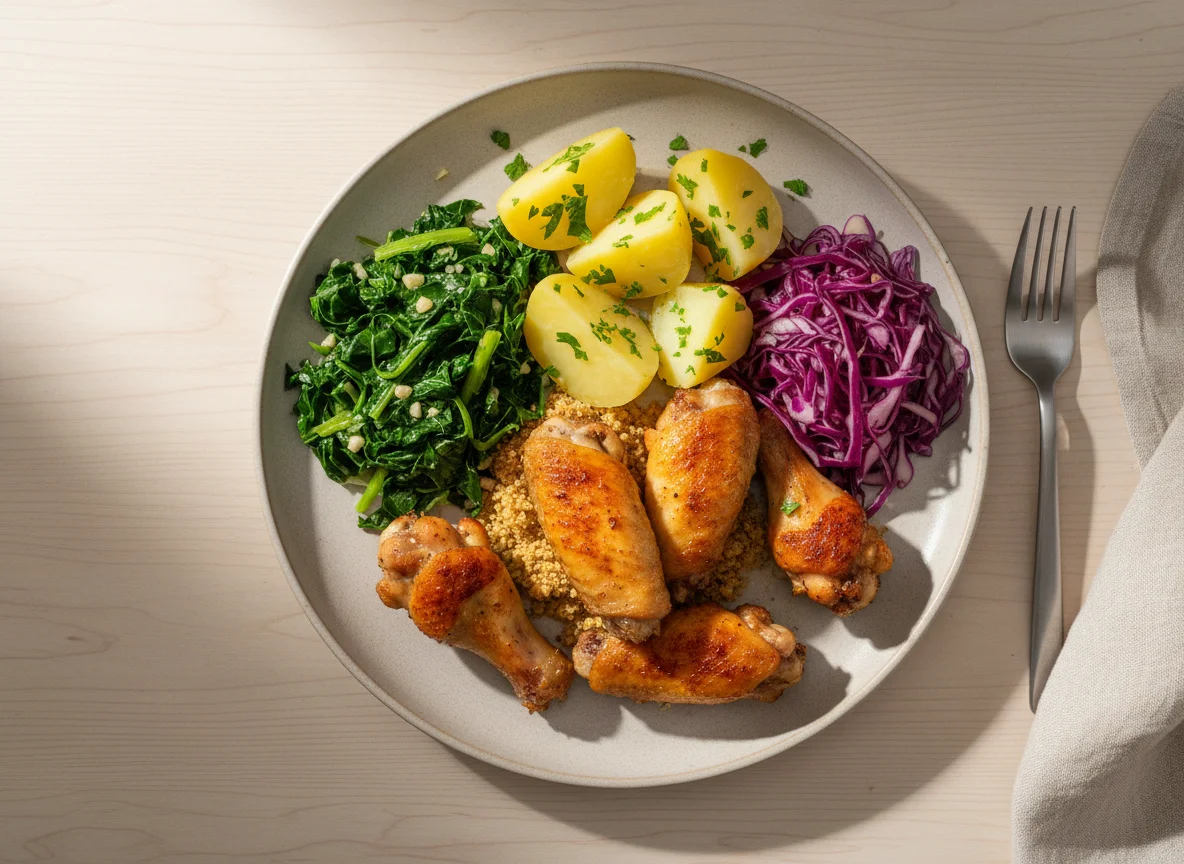 Refeição com frango e acompanhamentos photo