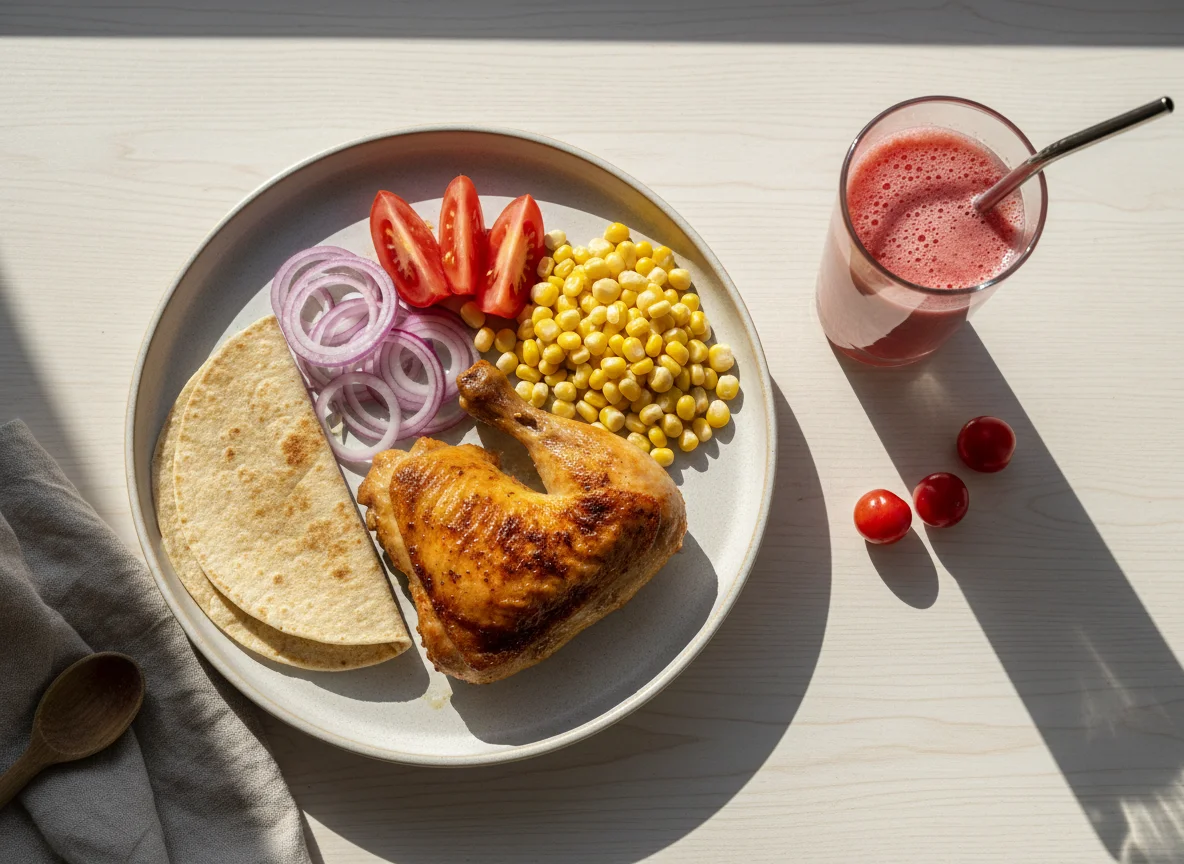 Refeição com frango e suco de acerola photo