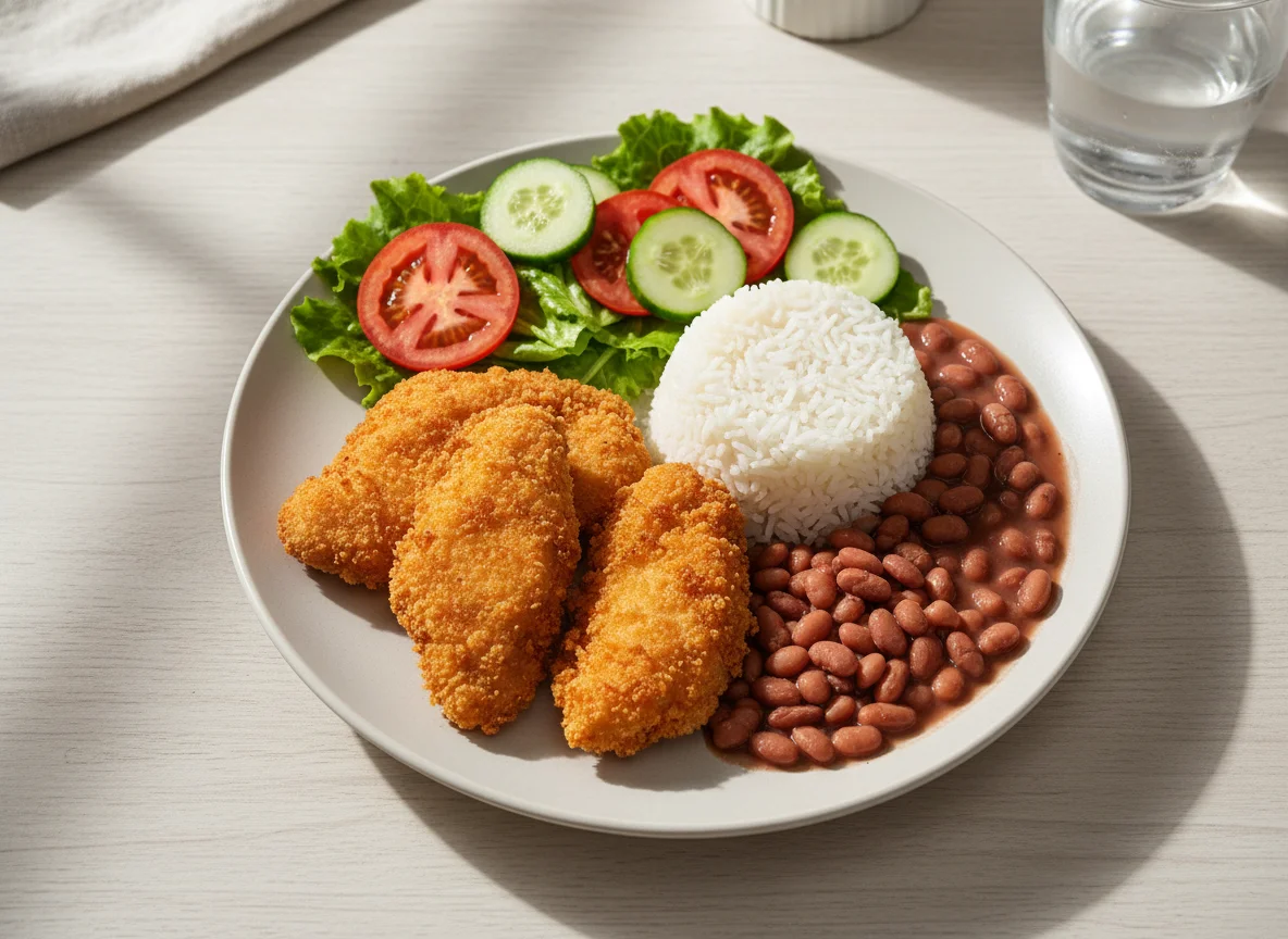 Refeição com frango empanado, arroz, feijão e salada photo