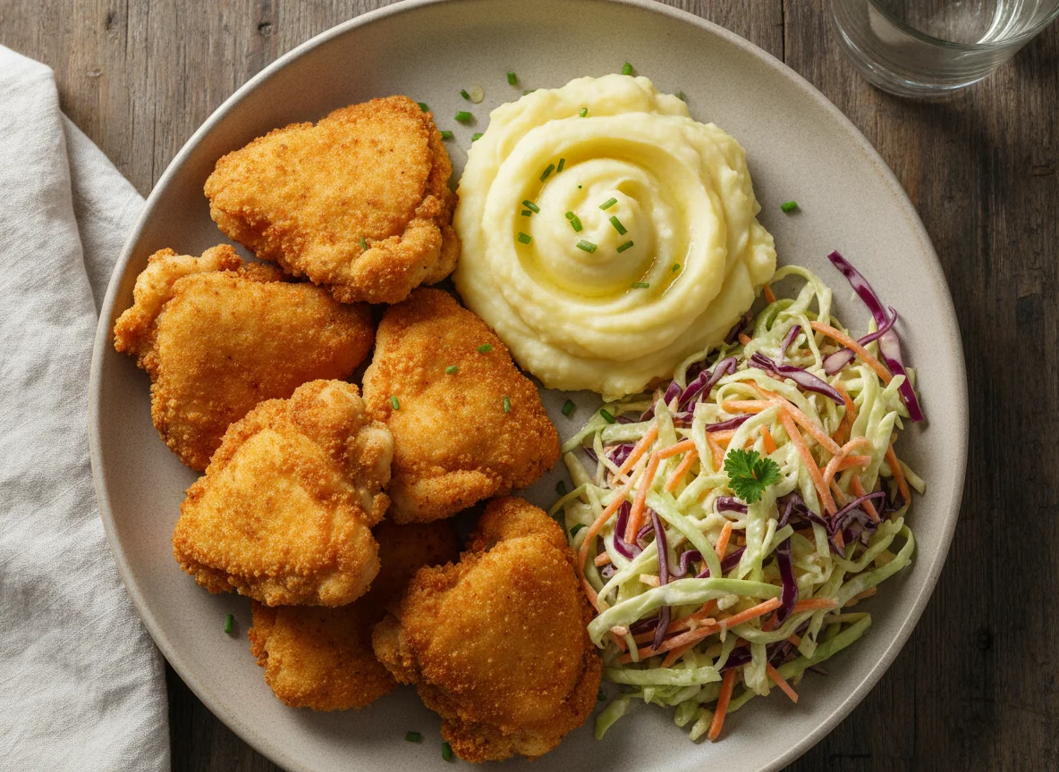 Refeição com frango empanado, purê de batata e salada coleslaw photo
