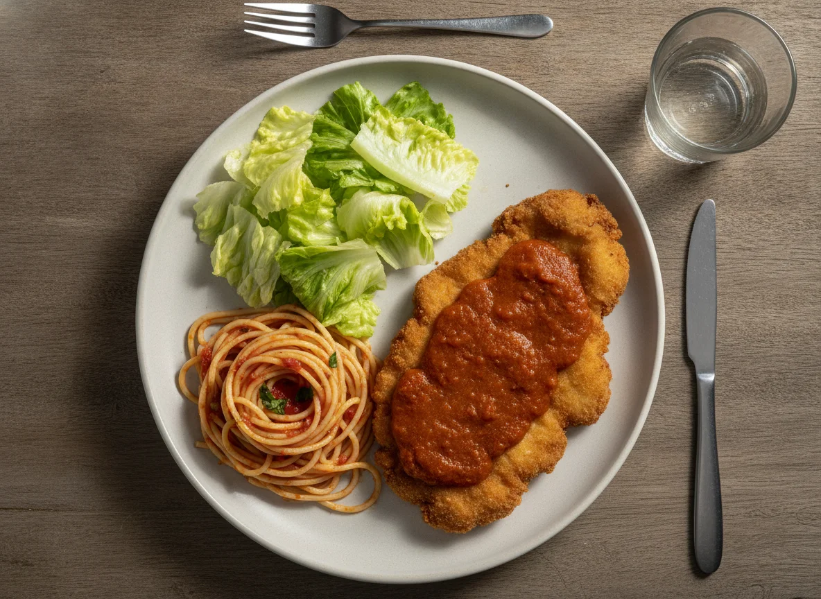 Refeição com frango, espaguete e salada photo
