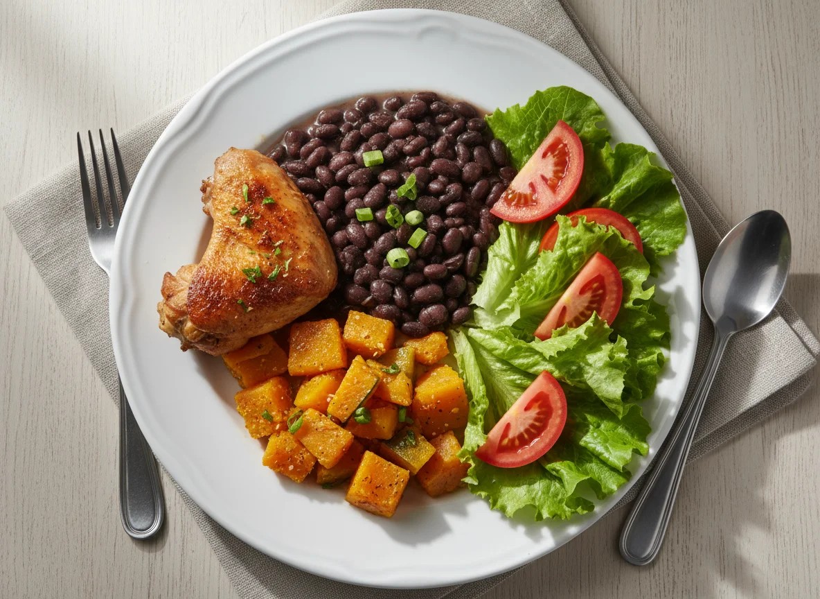Refeição com frango, feijão, abóbora e salada photo