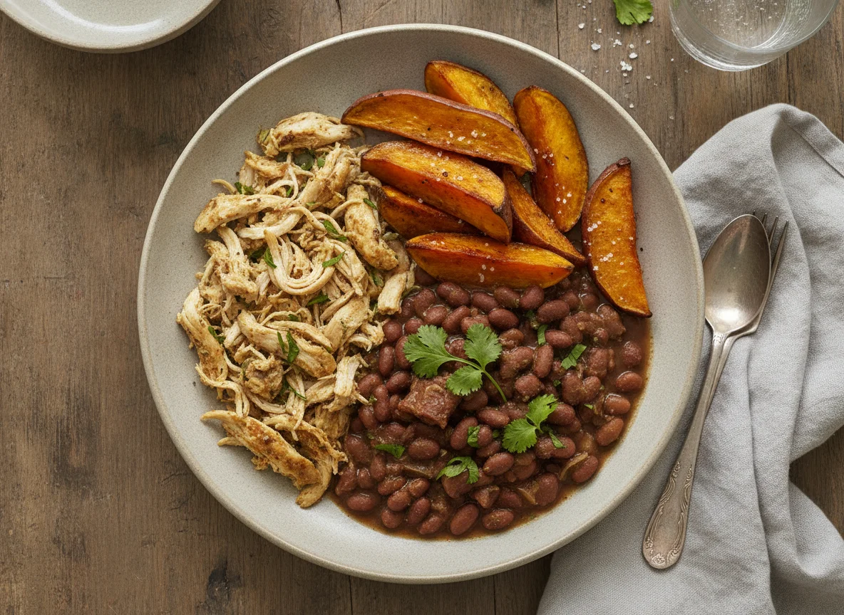 Refeição com frango, feijão e batata doce photo