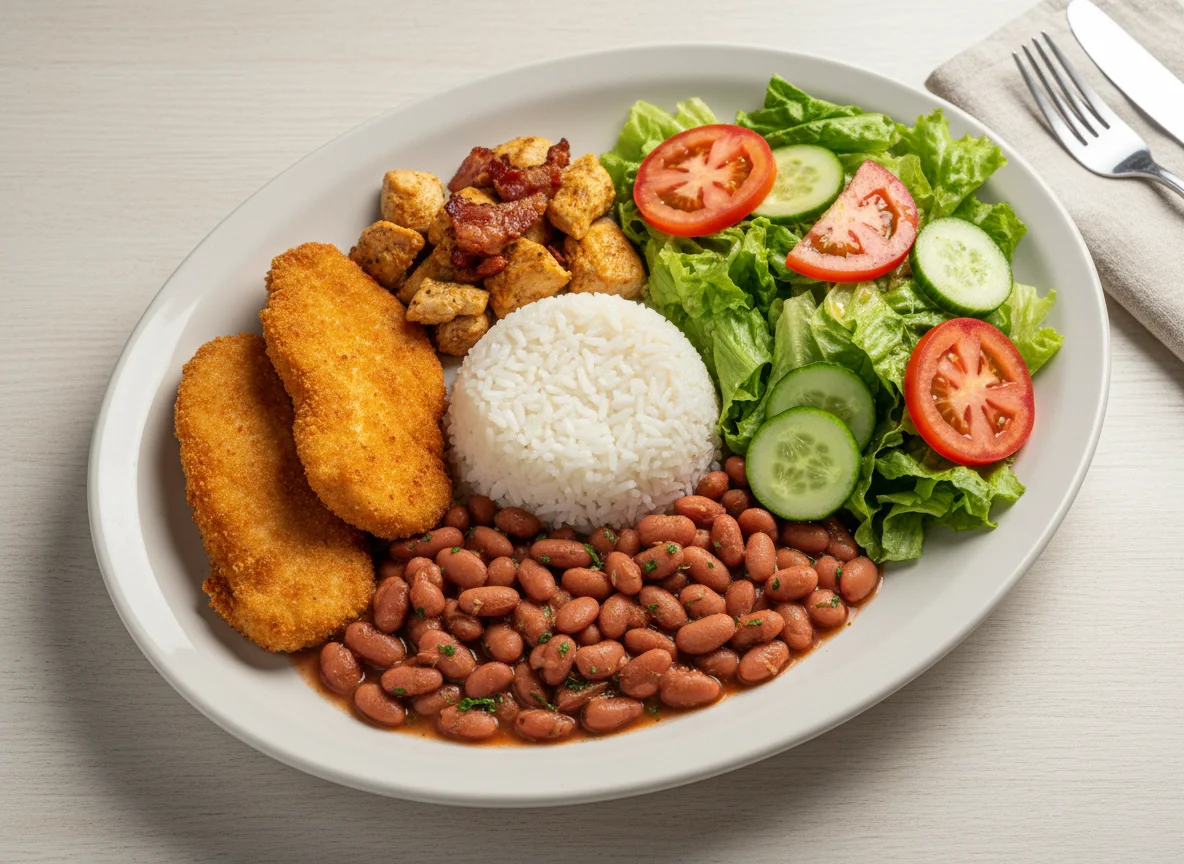 Refeição com frango, feijão e salada photo