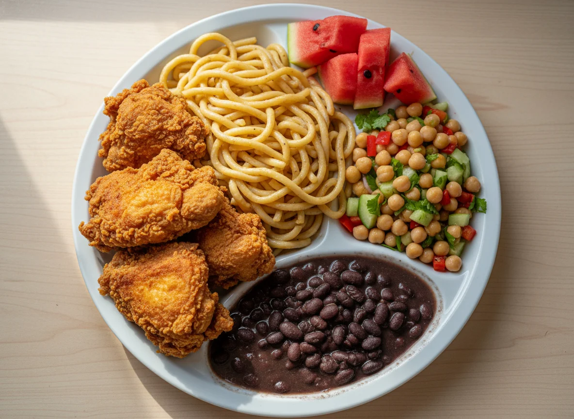 Refeição com frango frito, macarrão, feijão e salada photo