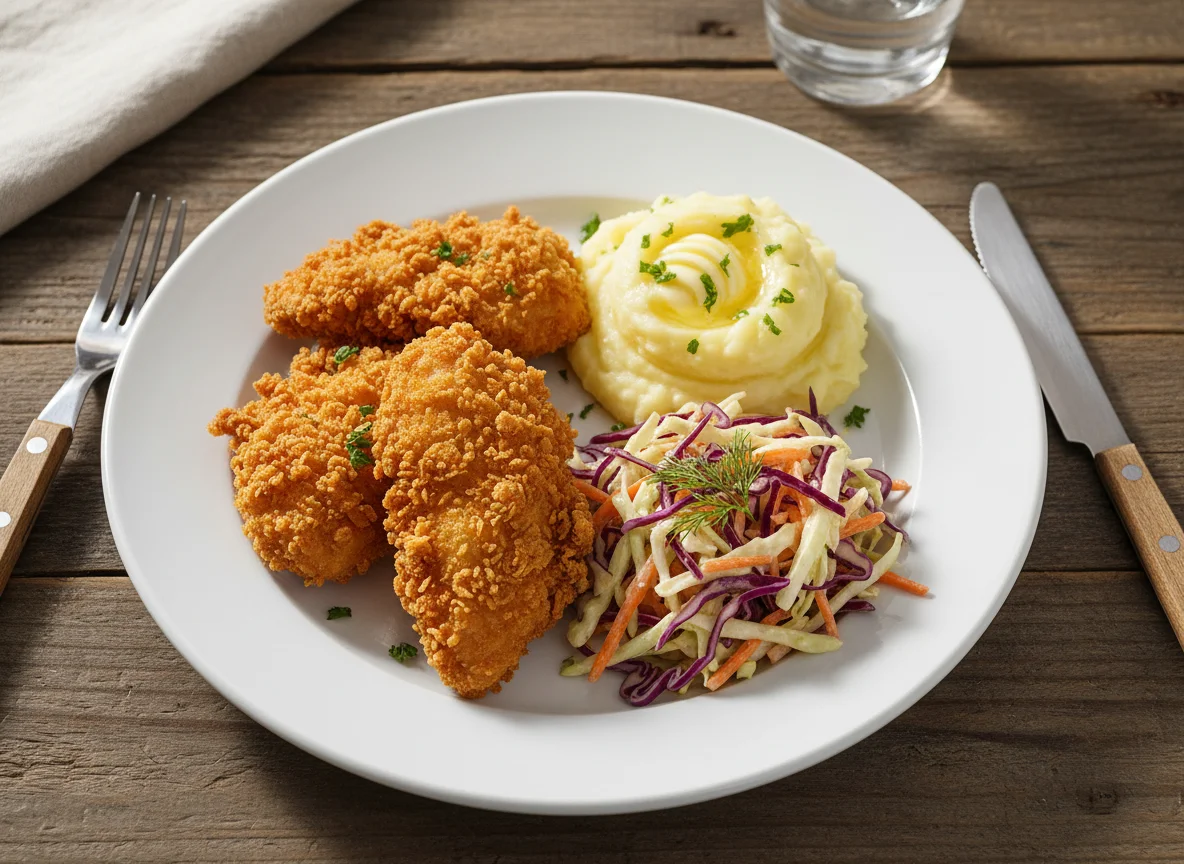 Refeição com frango frito, purê de batata e salada de repolho photo
