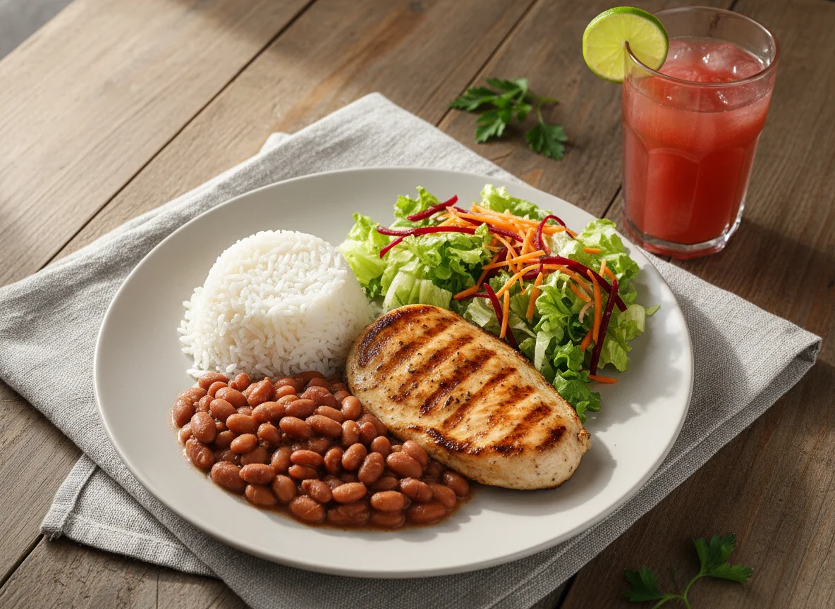 Refeição com frango grelhado, arroz, feijão, salada e suco photo