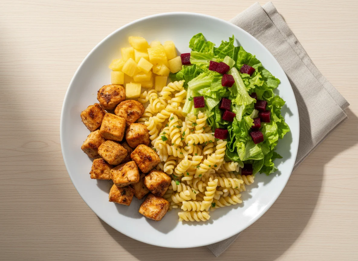 Refeição com frango, massa, salada e abacaxi photo
